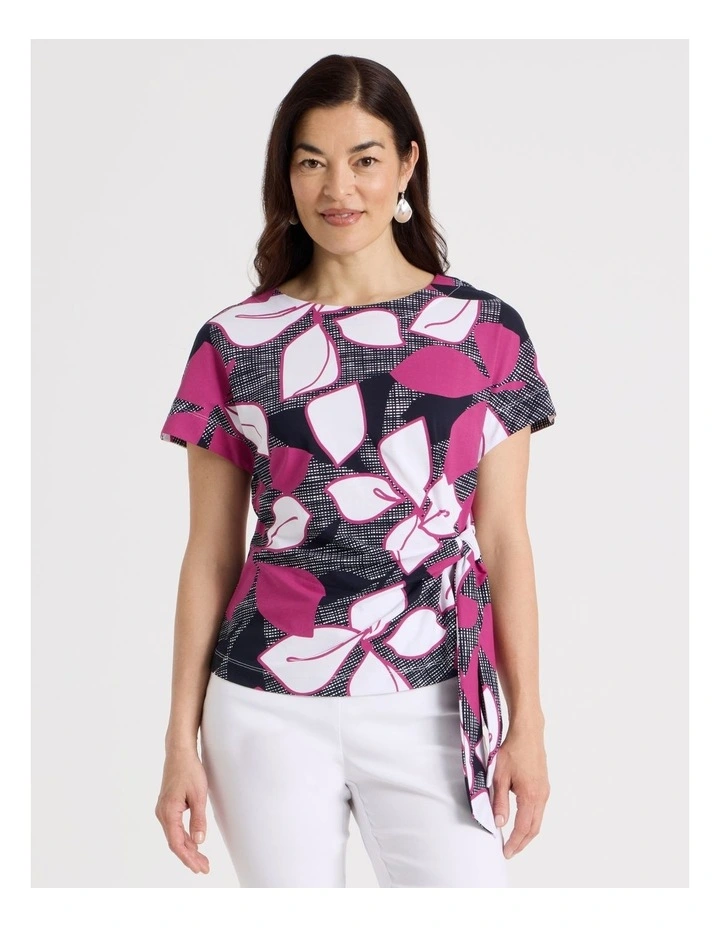 Tie Side Short Sleeve Tee in Navy/Hot Pink/White Large Floral image 3