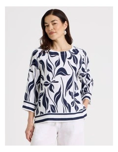 3/4 Sleeve Top With Side Vent And Stripe Trim in White/Navy Floral