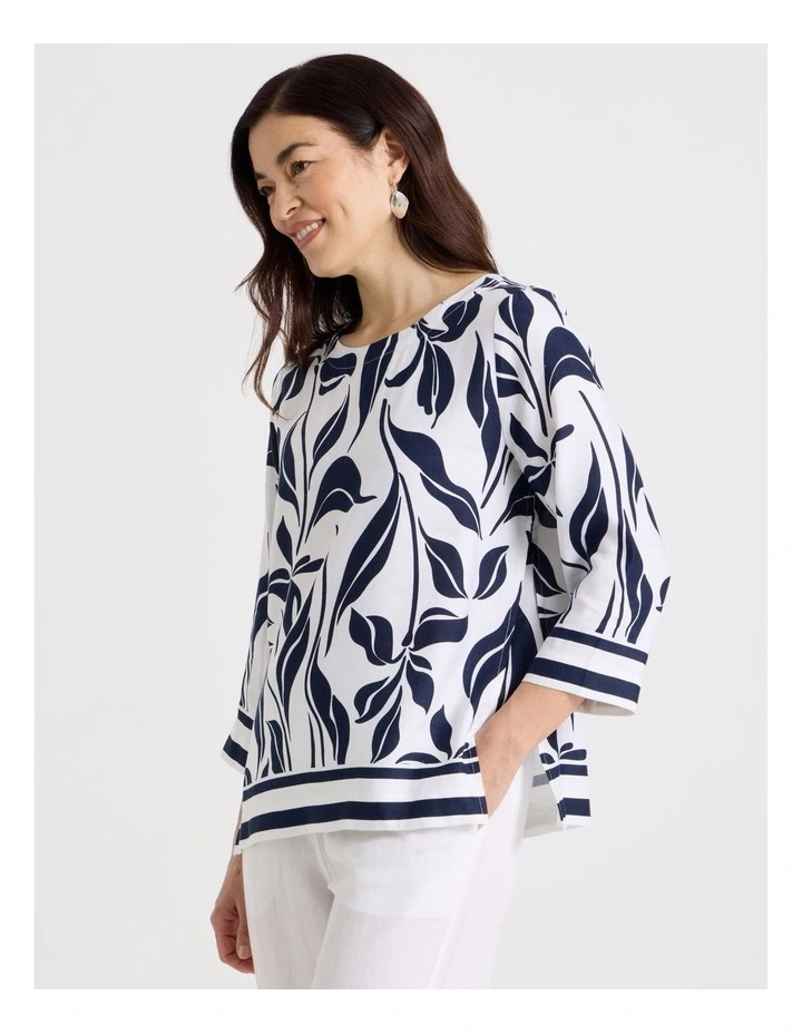 3/4 Sleeve Top With Side Vent And Stripe Trim in White/Navy Floral image 3