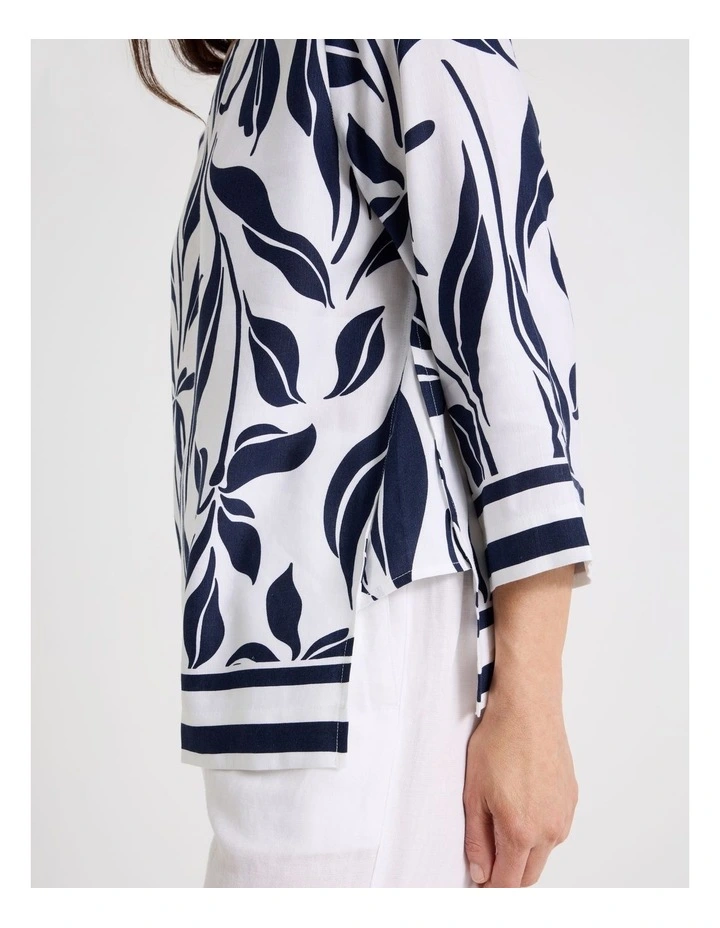 3/4 Sleeve Top With Side Vent And Stripe Trim in White/Navy Floral image 4