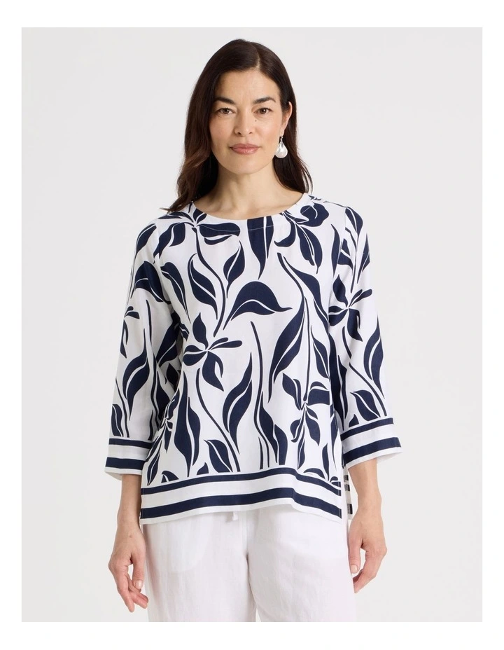 3/4 Sleeve Top With Side Vent And Stripe Trim in White/Navy Floral image 5