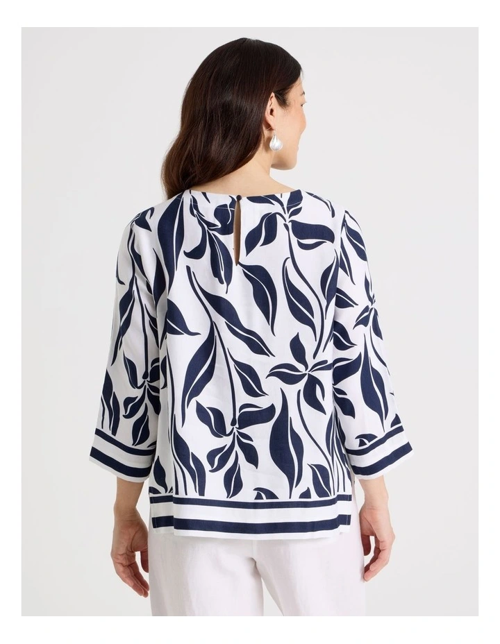 3/4 Sleeve Top With Side Vent And Stripe Trim in White/Navy Floral image 6