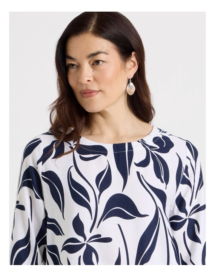 3/4 Sleeve Top With Side Vent And Stripe Trim in White/Navy Floral image 7