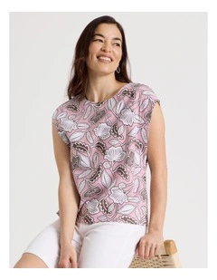 Extended Shoulder Sleeveless Top in Light Pink/Chocolate/White Floral