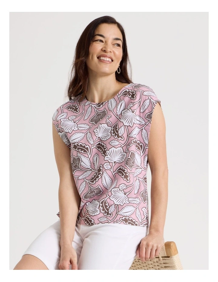 Extended Shoulder Sleeveless Top in Light Pink/Chocolate/White Floral image 1