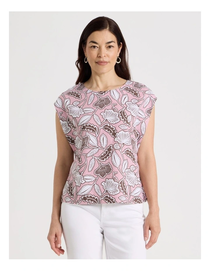 Extended Shoulder Sleeveless Top in Light Pink/Chocolate/White Floral image 2