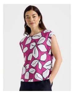 Extended Shoulder Sleeveless Top in Navy/Hot Pink/White Large Floral