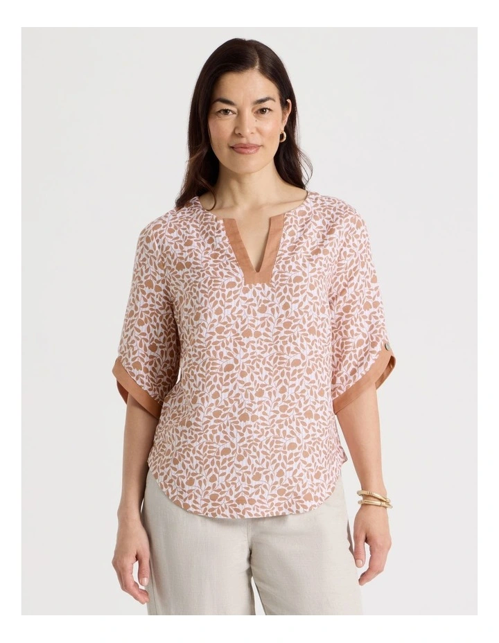 Notch Neck 3/4 Sleeve Top With Solid Contrasts in Cantaloupe/White Mini Floral image 1