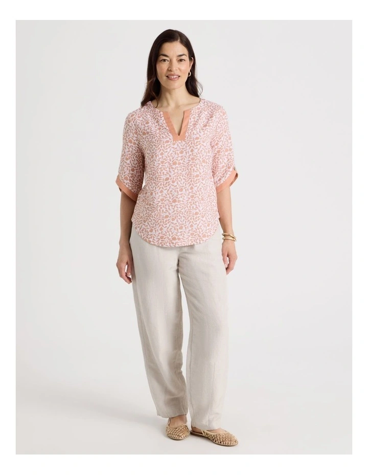 Notch Neck 3/4 Sleeve Top With Solid Contrasts in Cantaloupe/White Mini Floral image 2