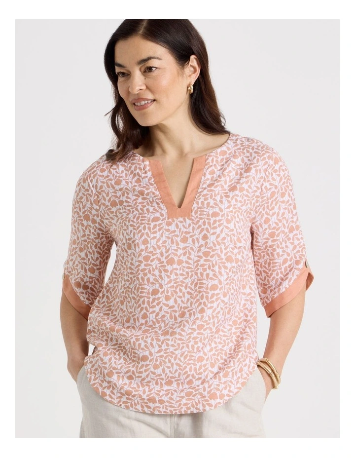 Notch Neck 3/4 Sleeve Top With Solid Contrasts in Cantaloupe/White Mini Floral image 3