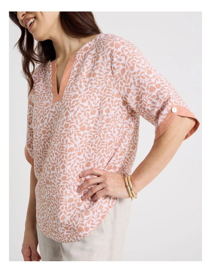 Notch Neck 3/4 Sleeve Top With Solid Contrasts in Cantaloupe/White Mini Floral image 4