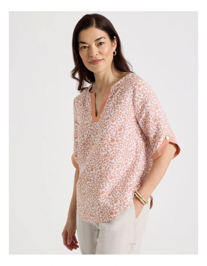 Notch Neck 3/4 Sleeve Top With Solid Contrasts in Cantaloupe/White Mini Floral image 5