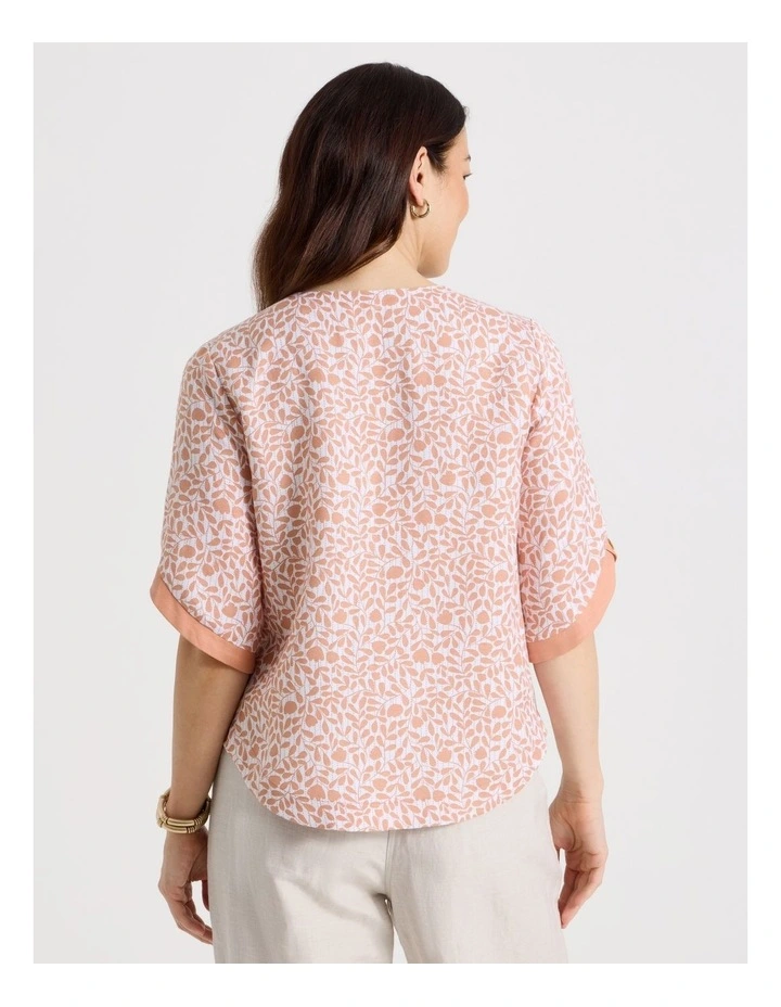 Notch Neck 3/4 Sleeve Top With Solid Contrasts in Cantaloupe/White Mini Floral image 6