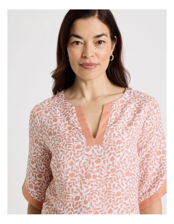 Notch Neck 3/4 Sleeve Top With Solid Contrasts in Cantaloupe/White Mini Floral image 7
