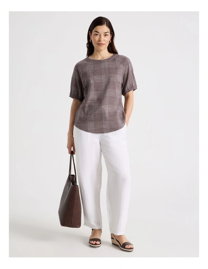 Short Raglan Sleeve Top With Curved Hem in Chocolate/White Check image 1