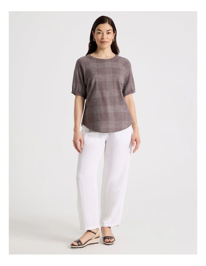 Short Raglan Sleeve Top With Curved Hem in Chocolate/White Check image 3