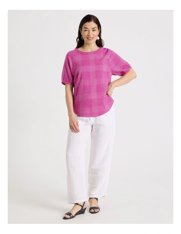 Short Raglan Sleeve Top With Curved Hem in Hot Pink/White Check image 2