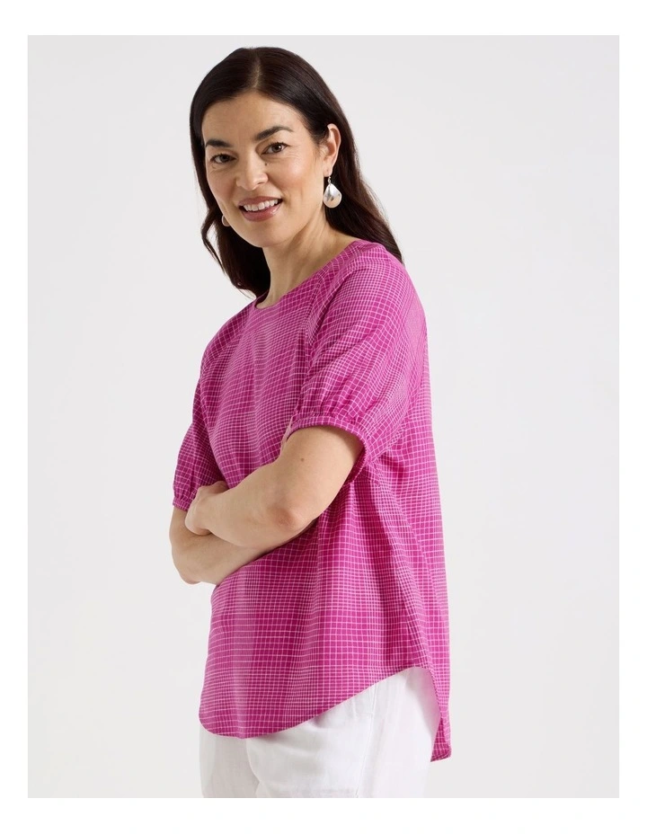 Short Raglan Sleeve Top With Curved Hem in Hot Pink/White Check image 4