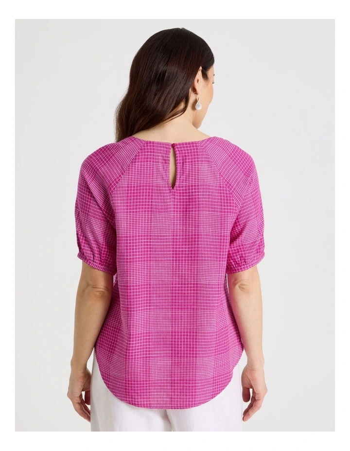 Short Raglan Sleeve Top With Curved Hem in Hot Pink/White Check image 6