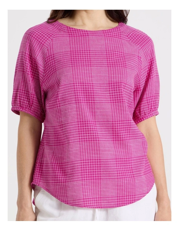 Short Raglan Sleeve Top With Curved Hem in Hot Pink/White Check image 7