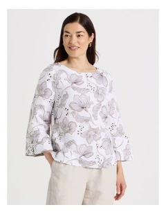 3/4 Sleeve Top With Fold Up Cuff & Feature Button in White With Pink/Brown Print