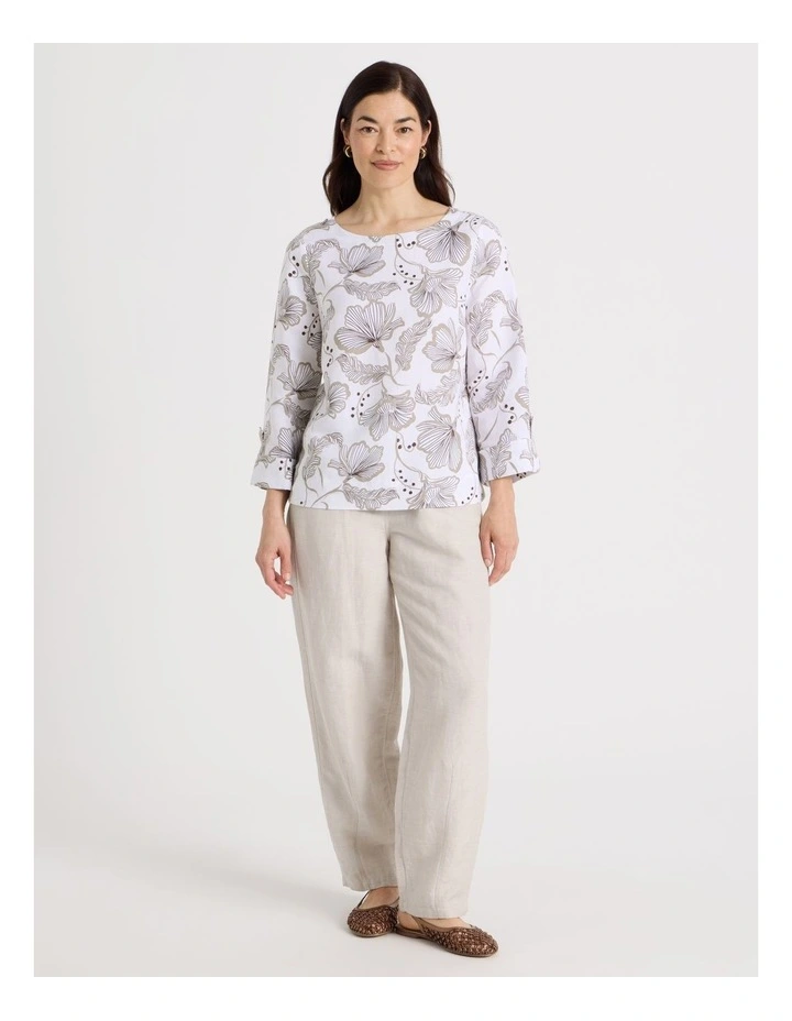 3/4 Sleeve Top With Fold Up Cuff & Feature Button in White With Pink/Brown Print image 2