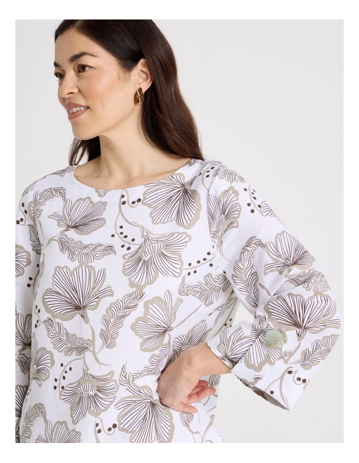 3/4 Sleeve Top With Fold Up Cuff & Feature Button in White With Pink/Brown Print image 3