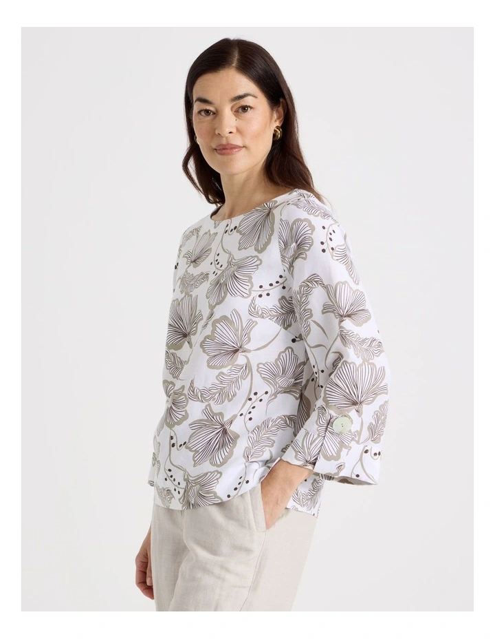 3/4 Sleeve Top With Fold Up Cuff & Feature Button in White With Pink/Brown Print image 4