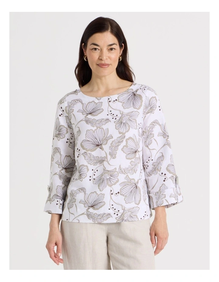 3/4 Sleeve Top With Fold Up Cuff & Feature Button in White With Pink/Brown Print image 5