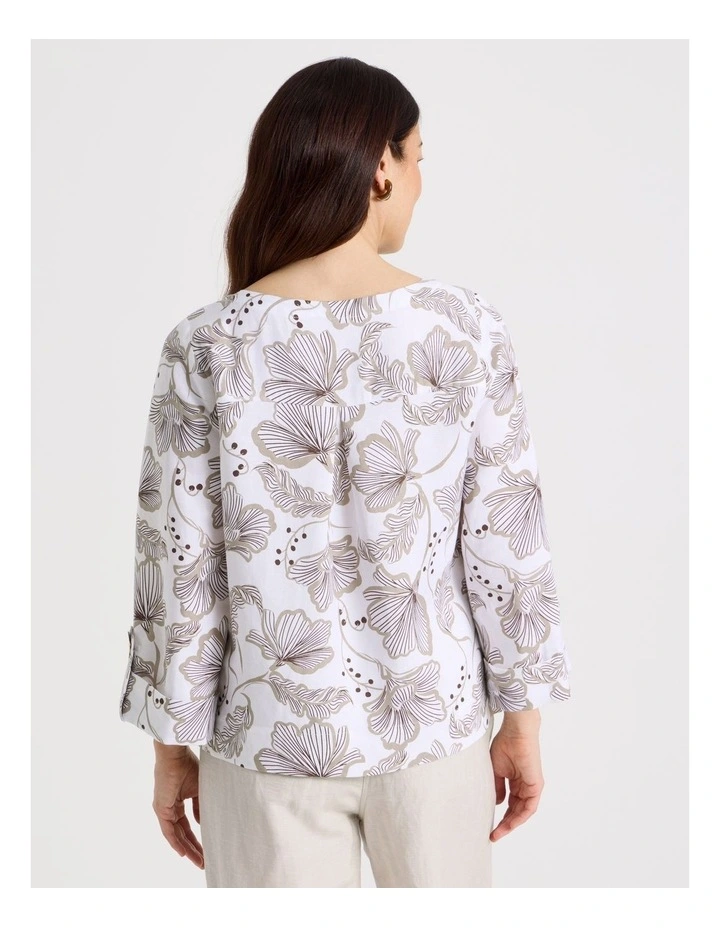 3/4 Sleeve Top With Fold Up Cuff & Feature Button in White With Pink/Brown Print image 6