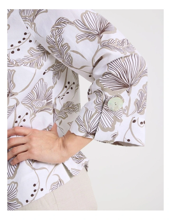 3/4 Sleeve Top With Fold Up Cuff & Feature Button in White With Pink/Brown Print image 7