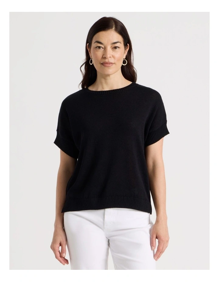 Extended Short Sleeve Knit Top in Black image 1