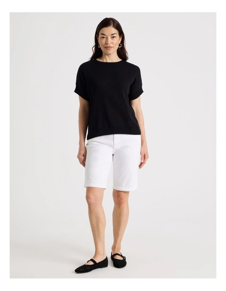 Extended Short Sleeve Knit Top in Black image 2