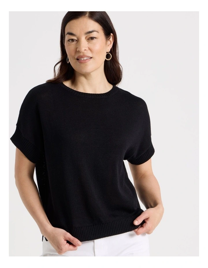 Extended Short Sleeve Knit Top in Black image 3
