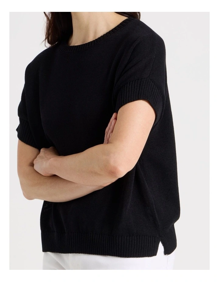 Extended Short Sleeve Knit Top in Black image 4
