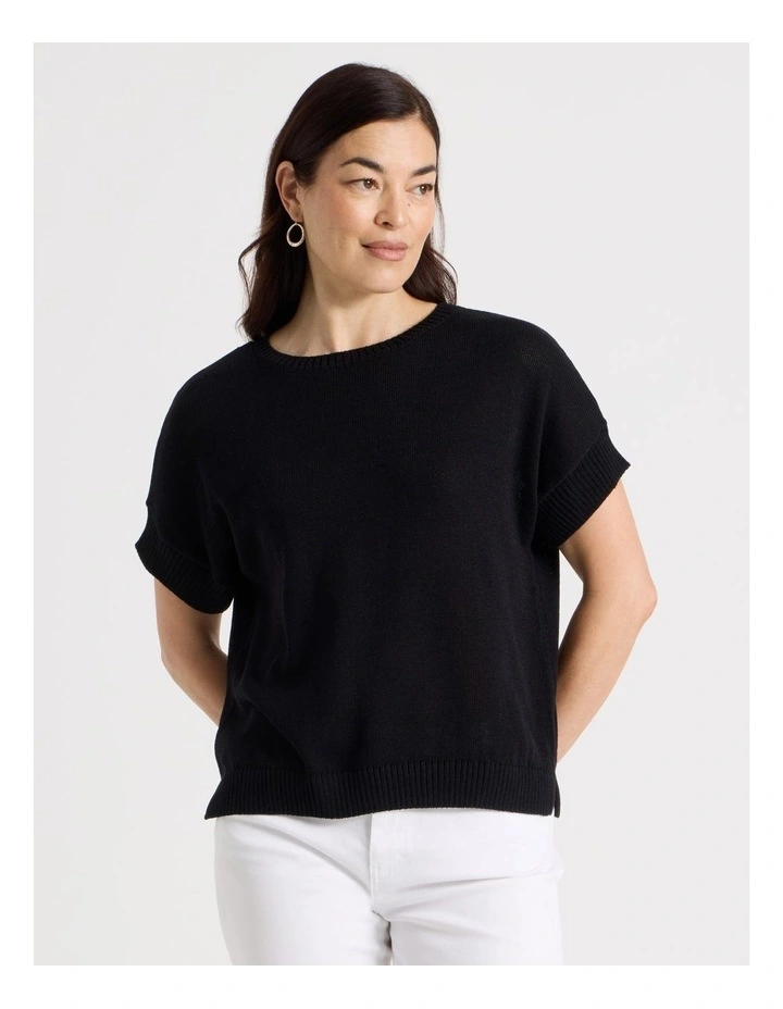 Extended Short Sleeve Knit Top in Black image 5