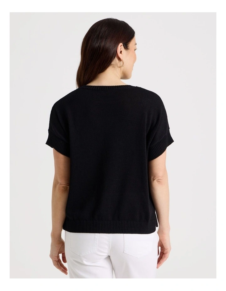 Extended Short Sleeve Knit Top in Black image 6