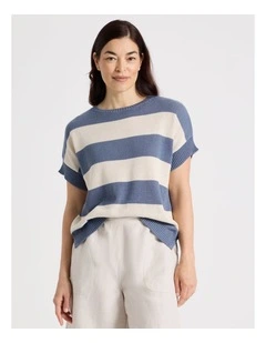 Extended Short Sleeve Knit Top in Blue/Neutral Stripe