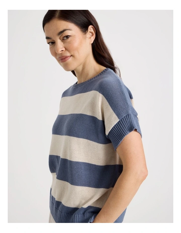 Extended Short Sleeve Knit Top in Blue/Neutral Stripe image 2