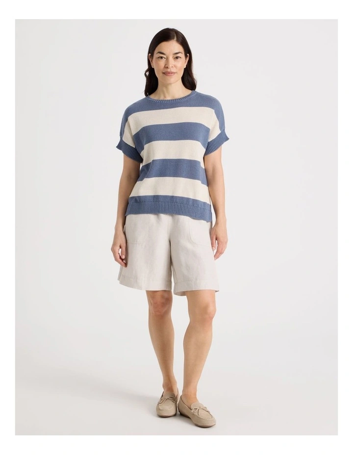 Extended Short Sleeve Knit Top in Blue/Neutral Stripe image 3