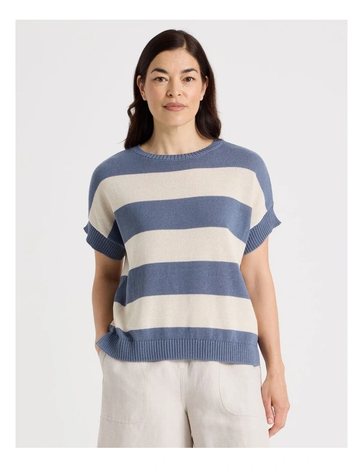 Extended Short Sleeve Knit Top in Blue/Neutral Stripe image 4