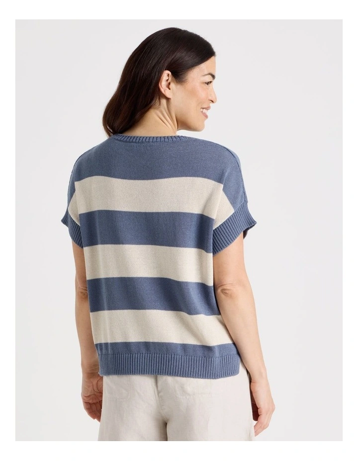 Extended Short Sleeve Knit Top in Blue/Neutral Stripe image 5