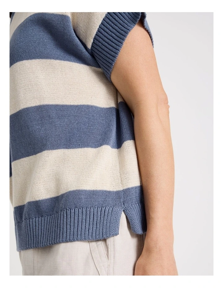 Extended Short Sleeve Knit Top in Blue/Neutral Stripe image 6
