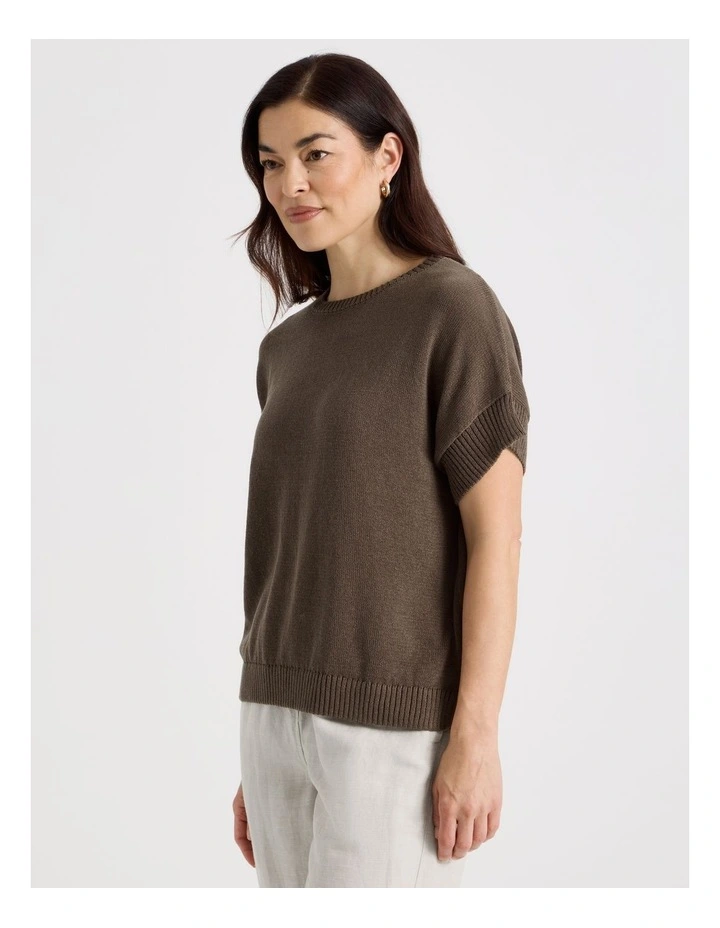 Extended Short Sleeve Knit Top in Chocolate image 1