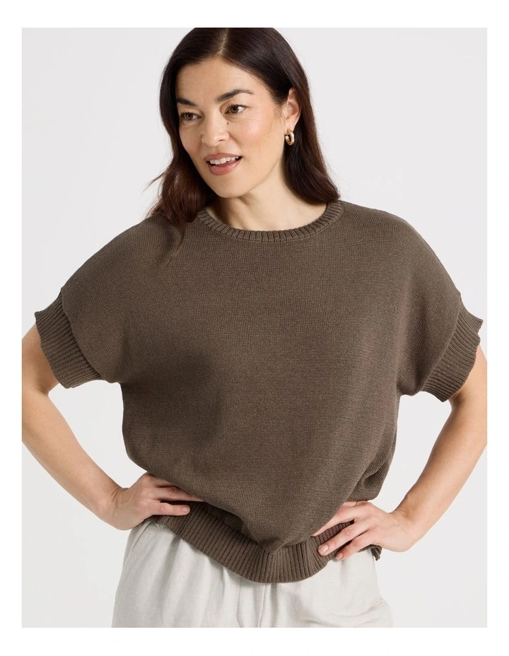 Extended Short Sleeve Knit Top in Chocolate image 2