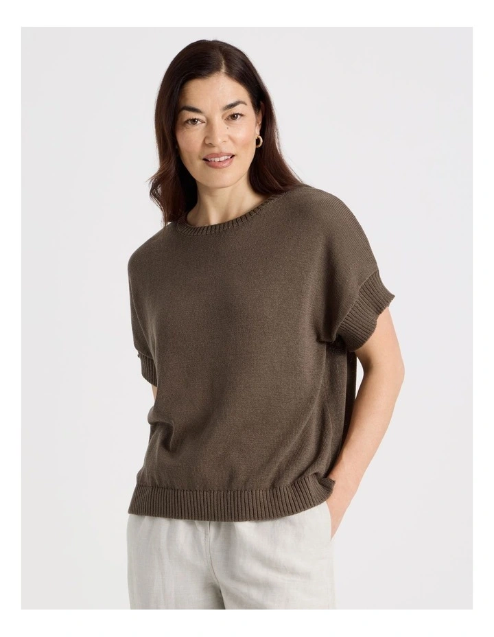 Extended Short Sleeve Knit Top in Chocolate image 3