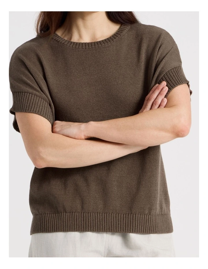 Extended Short Sleeve Knit Top in Chocolate image 5