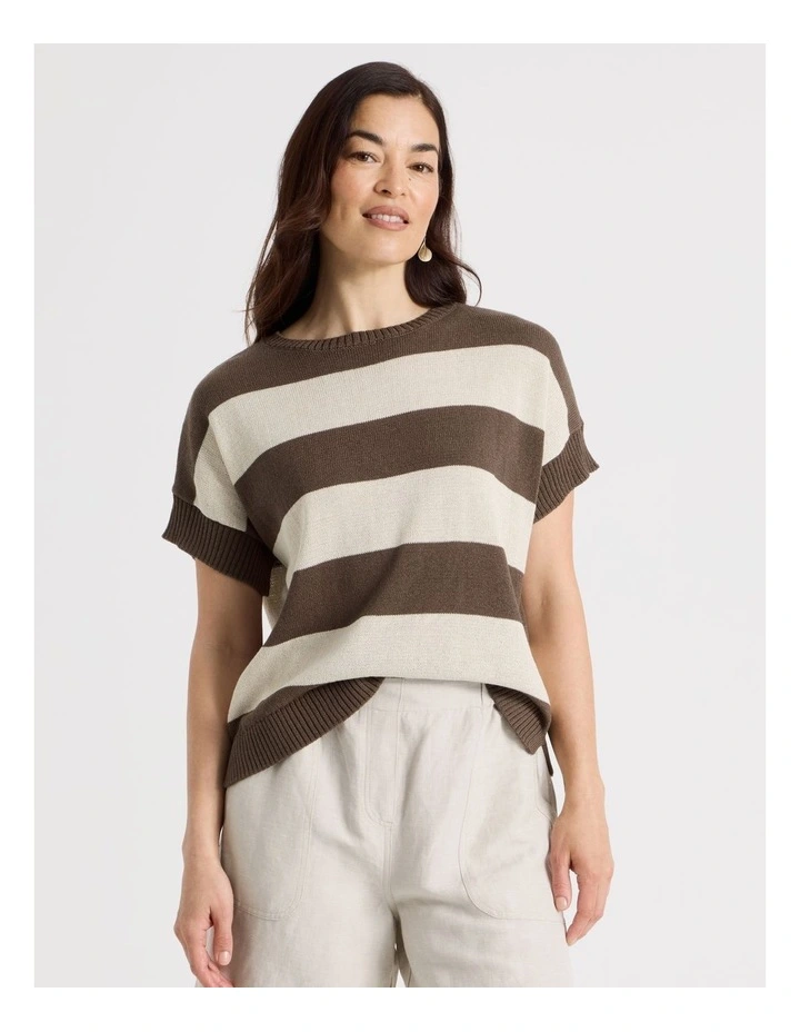 Extended Short Sleeve Knit Top in Chocolate/Neutral Stripe image 1