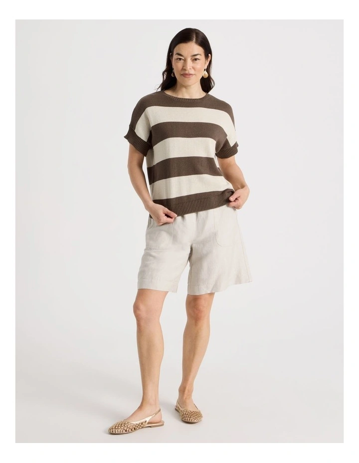 Extended Short Sleeve Knit Top in Chocolate/Neutral Stripe image 2