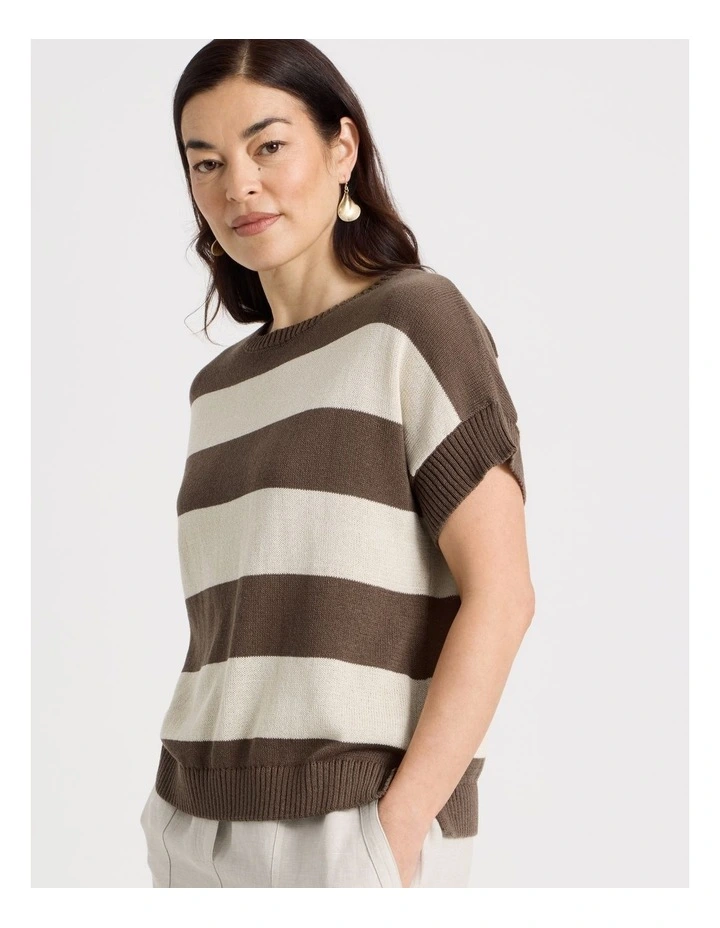 Extended Short Sleeve Knit Top in Chocolate/Neutral Stripe image 3